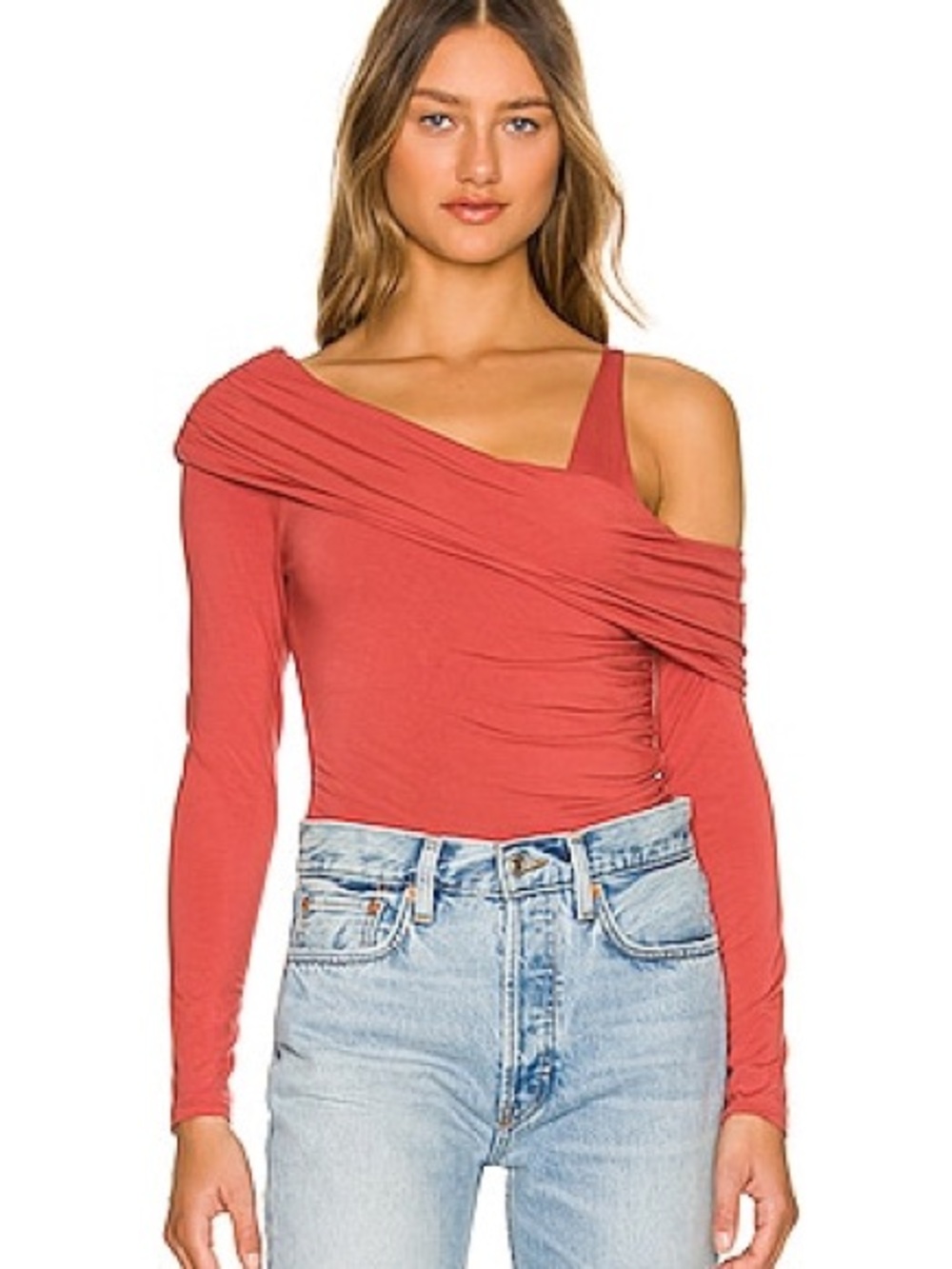 Gianna Matte Jersey Long Sleeve One Shoulder Bodysuit in Brick